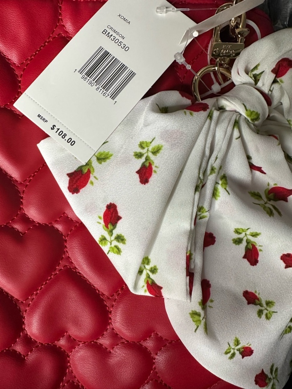 Betsey Johnson Red Heart-Quilted Shoulder Bag with Floral Bow Charm - Picture 5 of 7